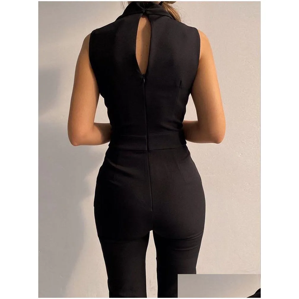 Women`S Jumpsuits & Rompers Y Black Office Jumpsuit Lady Elegant Pocket Metal Button Bodycon Playsuit Casual Sleeveless Lace-Up Rompe Dhca3