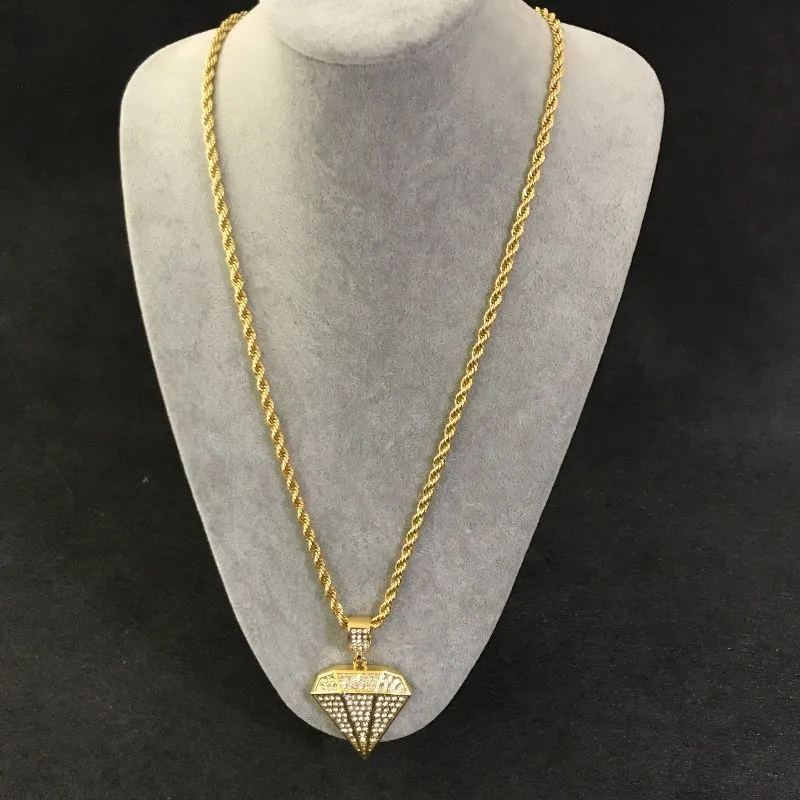 Hip Hop Necklace Triangle Diamond Gold Pendant + 76cm Twist Chain