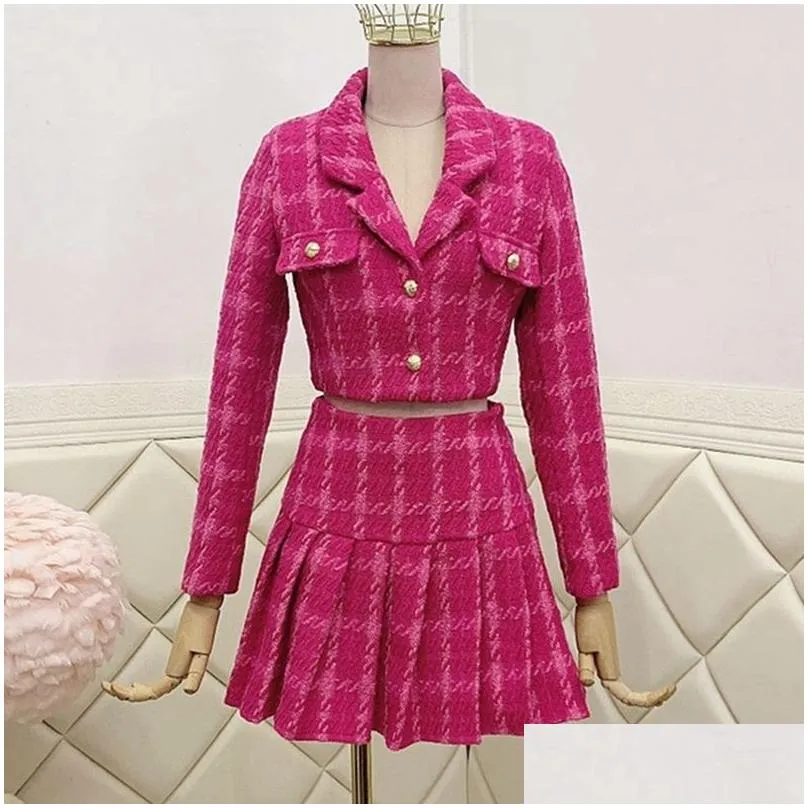 Two Piece Dress Fall Small Fragrance Vintage T Set Women Crop Top Woolen Short Jacket Coat Mini Skirts Sets Sweet 2 Suits 220725 Drop Dh80A