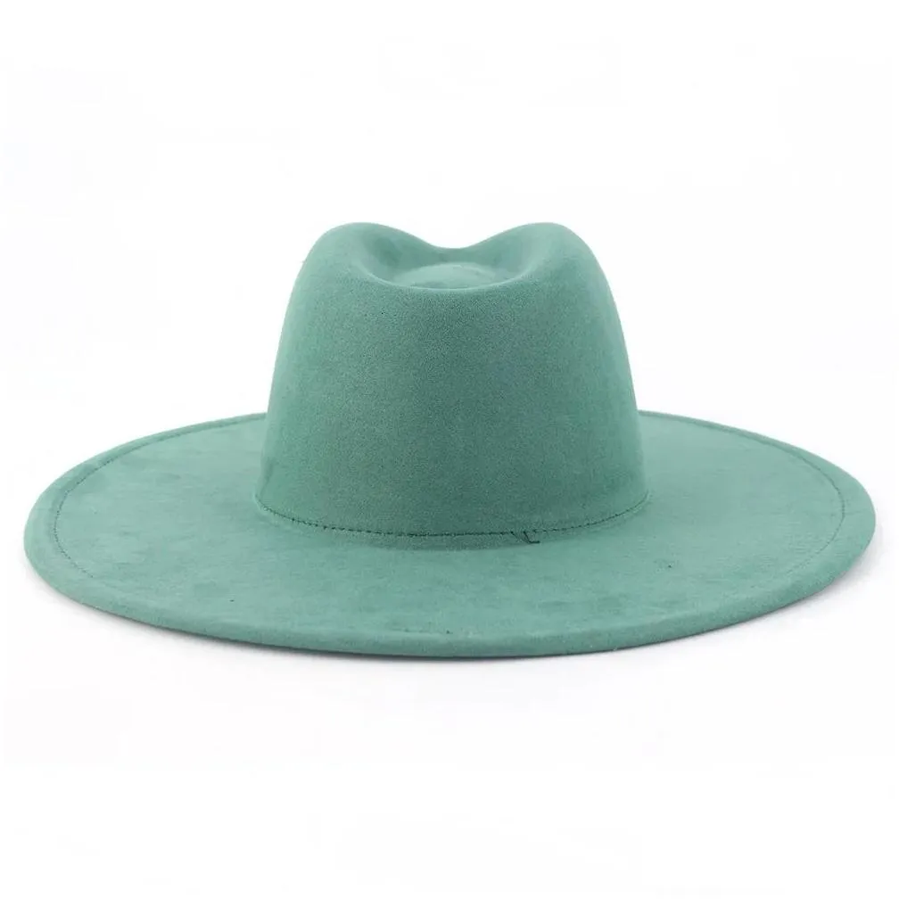 Wide Brim Hats Bucket 9.5 Cm Big Jazz Fedora Men Suede Fabric Heart Top Felt Cap Women Luxury Designer Brand Party Green Fascinator D Dhqfq