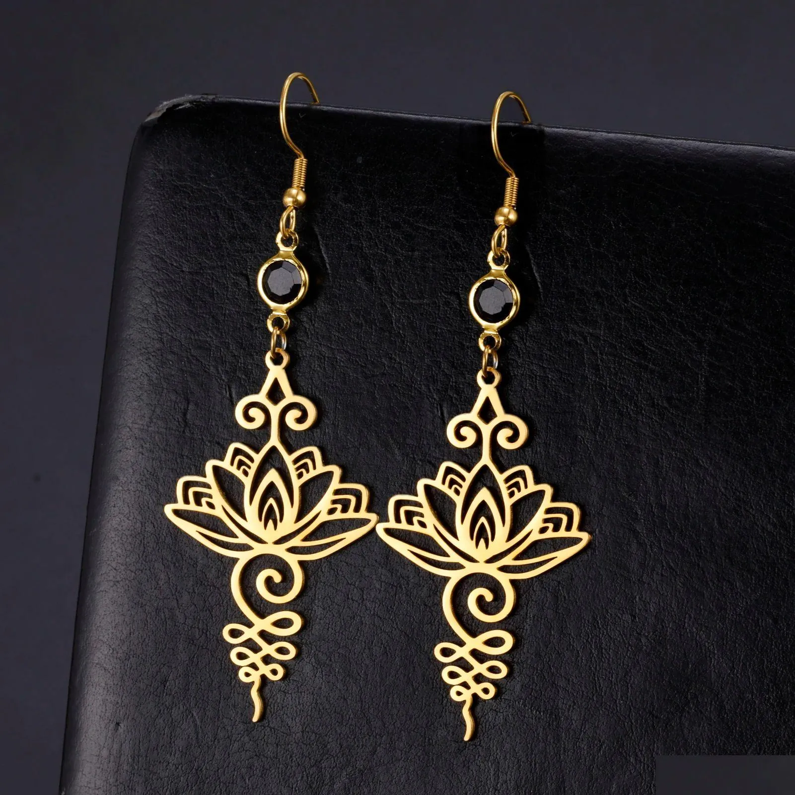 Unalome Pendant Long 14k Gold Earrings Hippie Yoga Lotus Flower Drop Earrings for Women Ethno Buddhism Jewelry