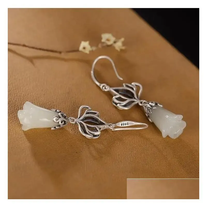 Original design natural Hetian white jade magnolia flower14K White Gold earrings Chinese style retro charm womens brand jewelry