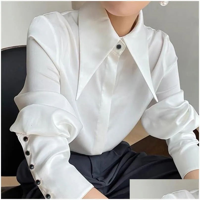 Women`S Blouses & Shirts Womens Autumn Vintage Satin Silk Women Shirt Elegant Turn Down Collar Woman Blouse White Long Sleeve Ladies Dhhe7
