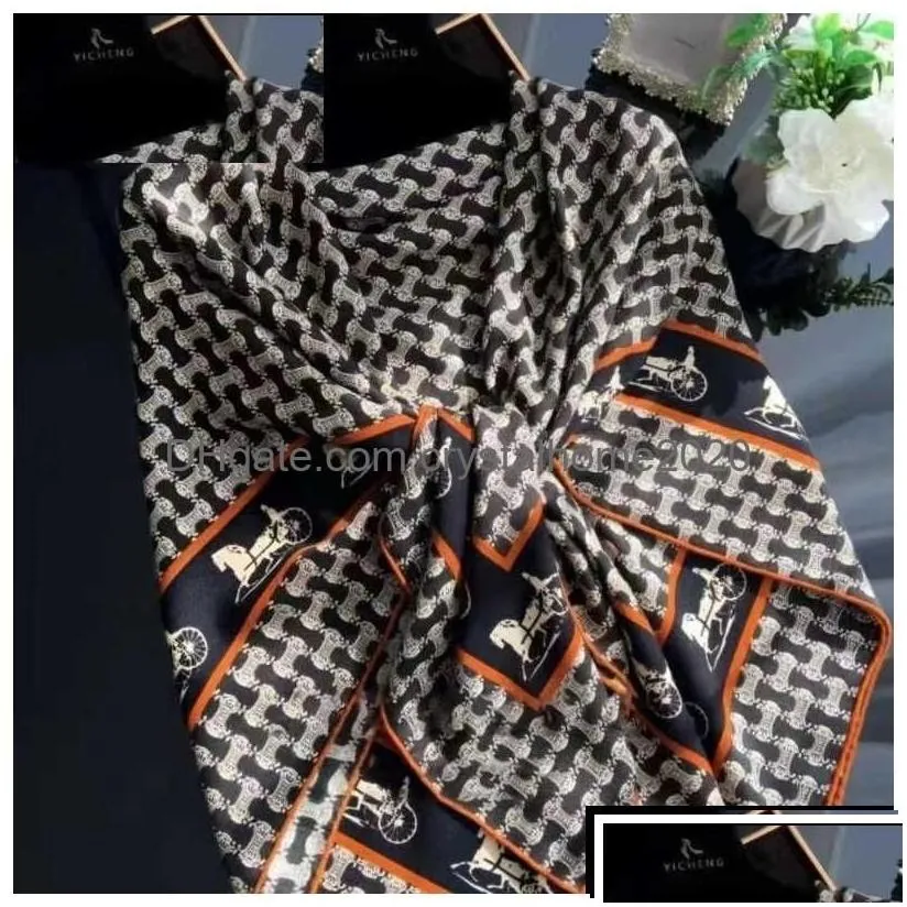 Scarves 110 110Cm Luxury Square Silk Scarf For Women Large Wrap Shawl Satin Print Hijab Designer Brand Muffler Female Foard Bandana D