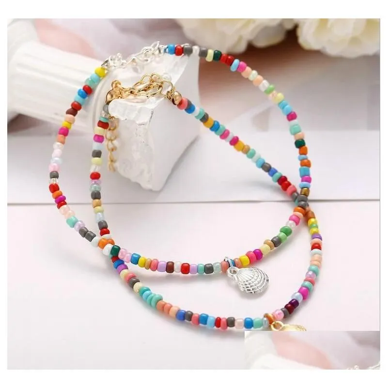 Anklets Color Beaded Anklet Retro Alloy Scallop Pendant Foot Chain Beach Footwear For Women Girls Gift Wholesale Drop Delivery Jewelr Dhudj