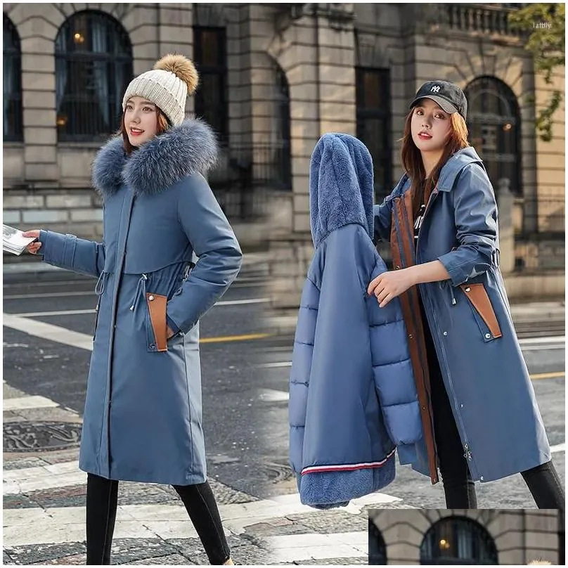 Women`s Down 2023 Winter Women Fleece Long Parkas Jackets 2 Pes Thicken Warm Fur Collar Hooded Padded Coat Female Outwear