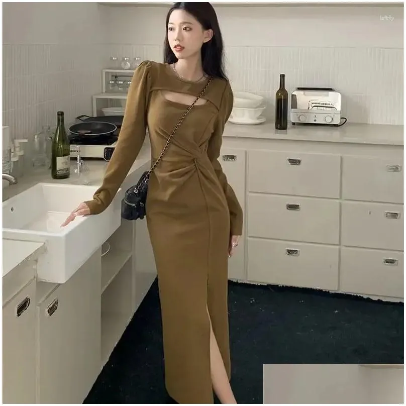 Casual Dresses Women Folds Mid Calf Dress Korean Side Slit Long Sleeve Knitted Sexy High Waist Hollow Out Party Club Skinny Vestidos