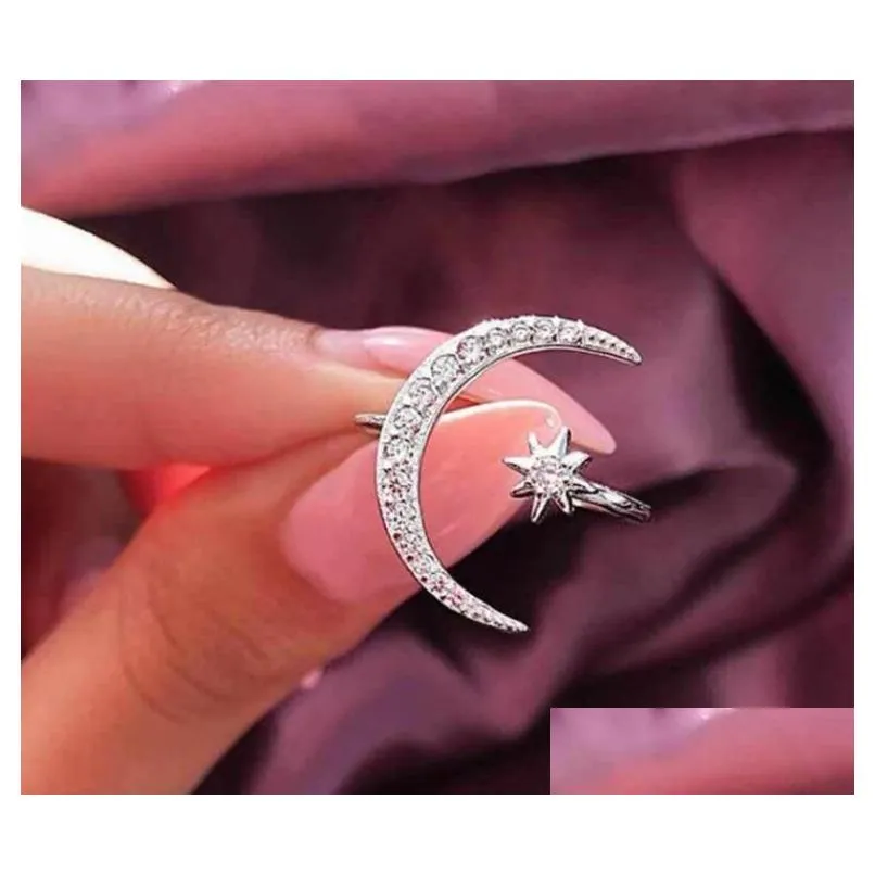 Band Rings Fashion Moon And Star Finger Creative Opening Ring God Sier For Engagement Gift Drop Delivery Jewelry Dh5Xa