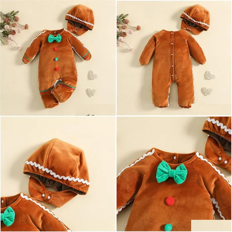 Rompers born Baby Gingerbread Man Hat Christmas Lovely Plush Long Sleeve Footed Jumpsuit For Infant Girl Boy Costume 221115