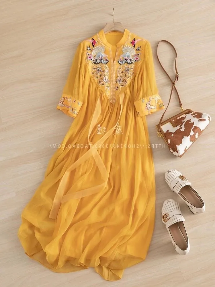 Chinese Style Embroidery Chiffon Dress National Art Chic Women 2023 Summer White Loose Casual Ethereal Pleated Long Dresses