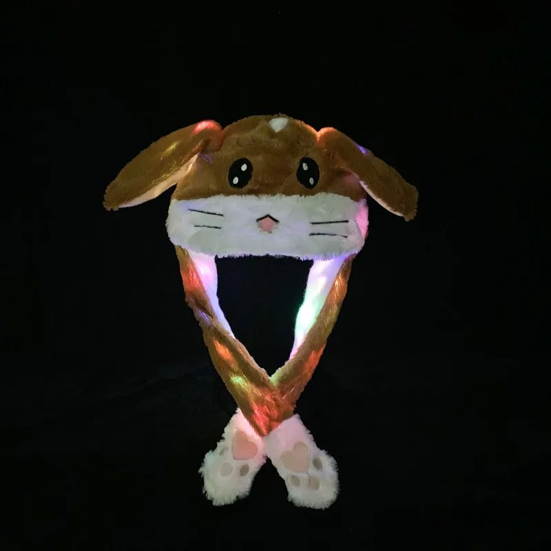 With LED Lights Cartoon Plush Animal Dancing Hat Ears Movable Jumping Bunny Hat Role Play Party Christmas Holiday Cute Suitable for Children and Adults