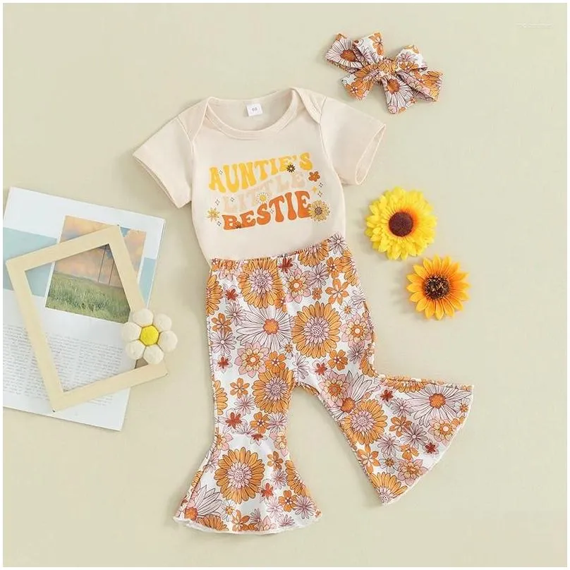 Clothing Sets Born Baby Girl Summer Clothes Aunties Little Ie Short Sleeve Romper Floral Bell Bottom Pants Headband Set