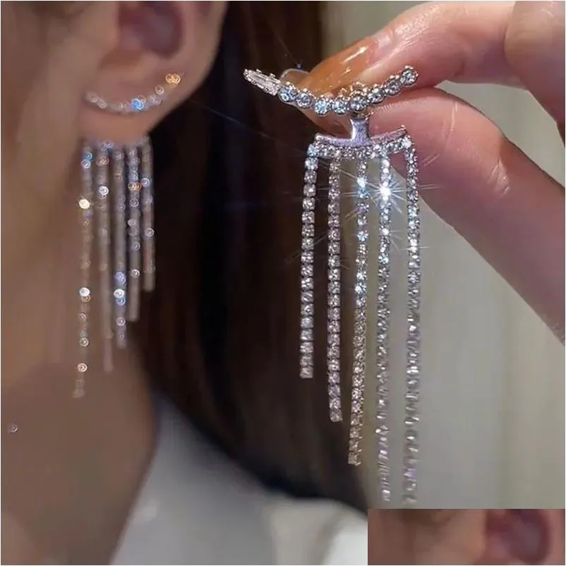 Luxury Rhinestone Tassel 14K White Gold Earrings for Women Fashion Hanging Zircon Earring 2024 New Shiny Korean Ins Wedding Party Jewelry