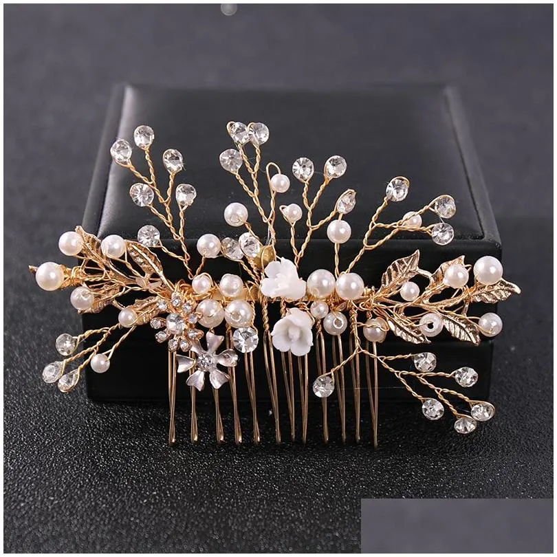 Crystal Rhinestone Flower Pearl Hair Comb Pin Headband Tiara For Women Bride Girl Wedding Bridal Hair Accessories Jewelry Band