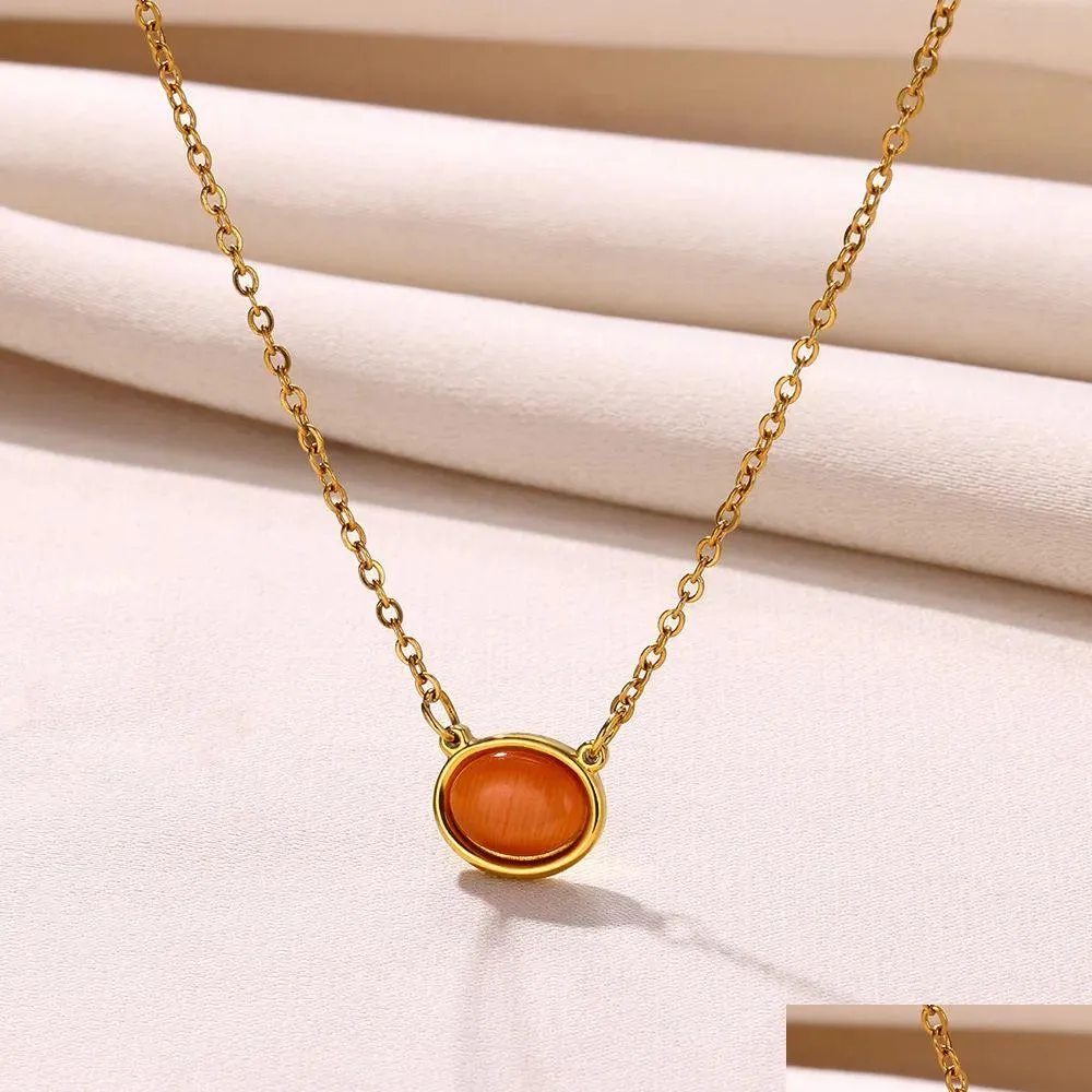 Orange Opal Round Shape 14k Yellow Gold Necklaces Pendant For Women Geometric Choker Neckaces Wedding Jewelry Gifts