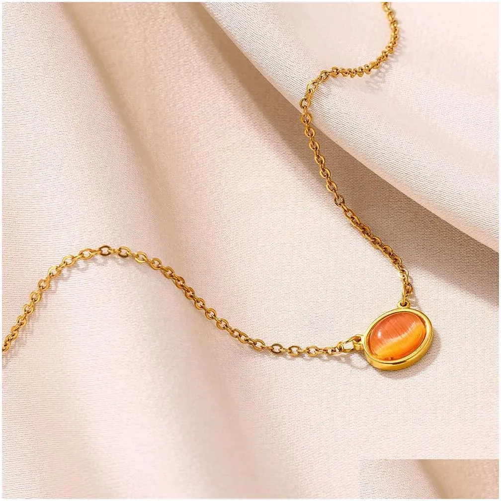 Orange Opal Round Shape 14k Yellow Gold Necklaces Pendant For Women Geometric Choker Neckaces Wedding Jewelry Gifts