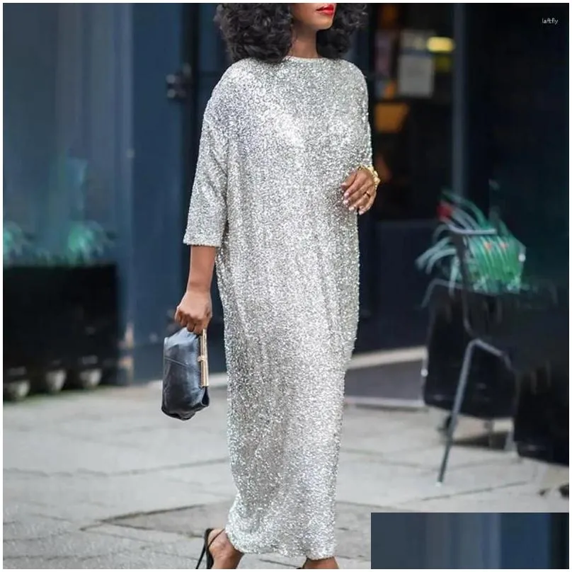 Casual Dresses Crew Neck Loose Fit Dress Elegant Sequin Maxi For Women Oversized O Three Quarter Sleeve Ankle Length Soft Pullover