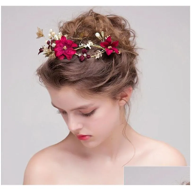 Vintage Wedding Bridal Tiara Burgundy Flower Crown Headband Rhinestone Hair Accessories Jewelry Headpiece Jewelry Rose Party Headdress