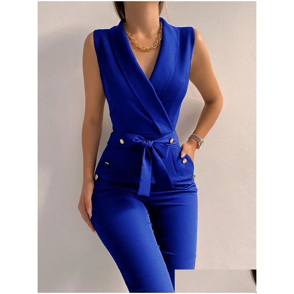 Women`S Jumpsuits & Rompers Y Black Office Jumpsuit Lady Elegant Pocket Metal Button Bodycon Playsuit Casual Sleeveless Lace-Up Rompe Dhca3