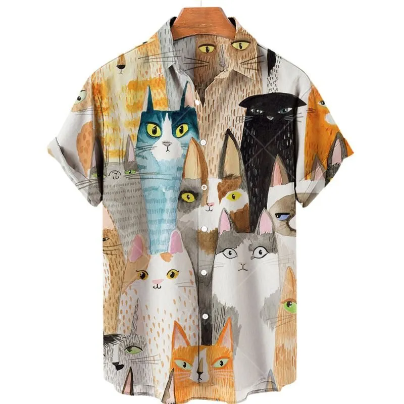 Men`s T-Shirts Cat Print T-shirt Summer 2022 Cotton Soft 3d Clothes Men/Women V-neck Fashion Buttons Personality Tops Hawaiian Lapel