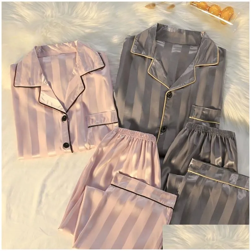 Women`S Sleep & Lounge Pajamas Sets Highquality Light Luxury Silk Womens Pajama Spring Autumn Longsleeve Cardigan Set Fashion Ice Hom Dhdmh