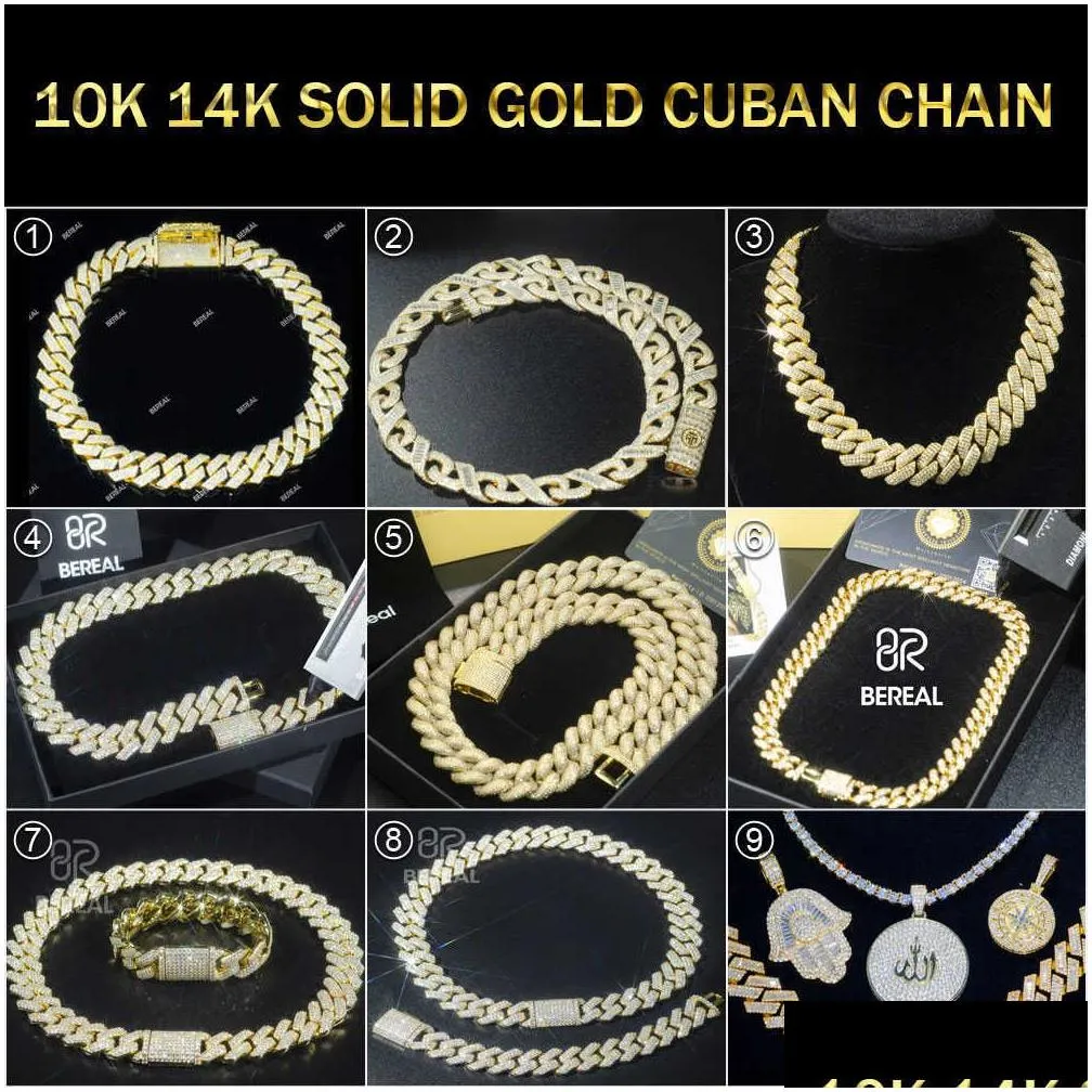 pendant necklaces 10mm moissanite cuban chain fast round brilliant cut 10k 14k solid gold cuban link chain for men women