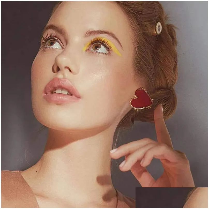 Vintage Red Heart Stud Earring Women Heart 14k Yellow Gold Earrings Wedding Statement Earrings Fashion Party Jewelry