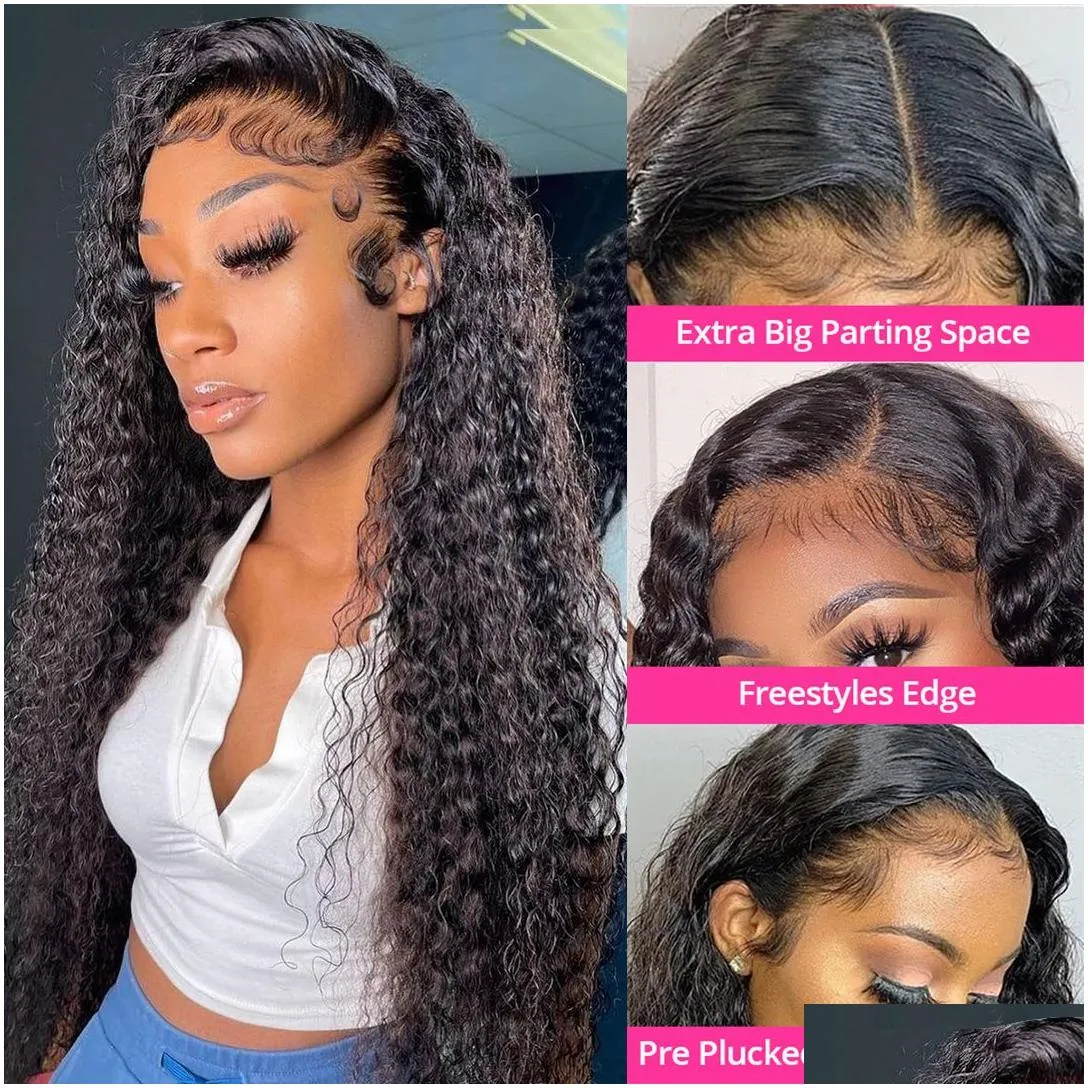 180Ddensity Curly Simulation Human Hair Wigs Brazilian Water Wave Lace Front Wigs For Black Women Pre Plucked Black Color Deep Wave Synthetic Frontal