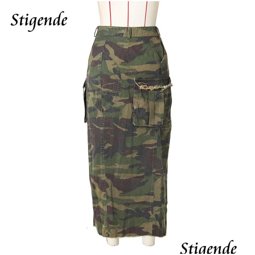 Skirts Stigende Womens Y High Split Camo Leather Army Green Tear Irregar Color Pocket Button Long Drop Delivery Dhcpo