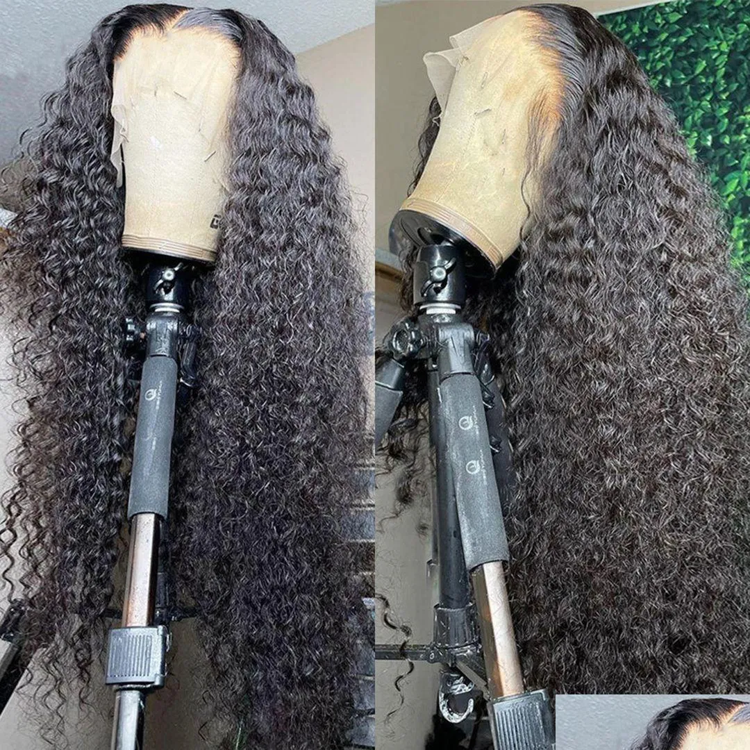 180Ddensity Curly Simulation Human Hair Wigs Brazilian Water Wave Lace Front Wigs For Black Women Pre Plucked Black Color Deep Wave Synthetic Frontal