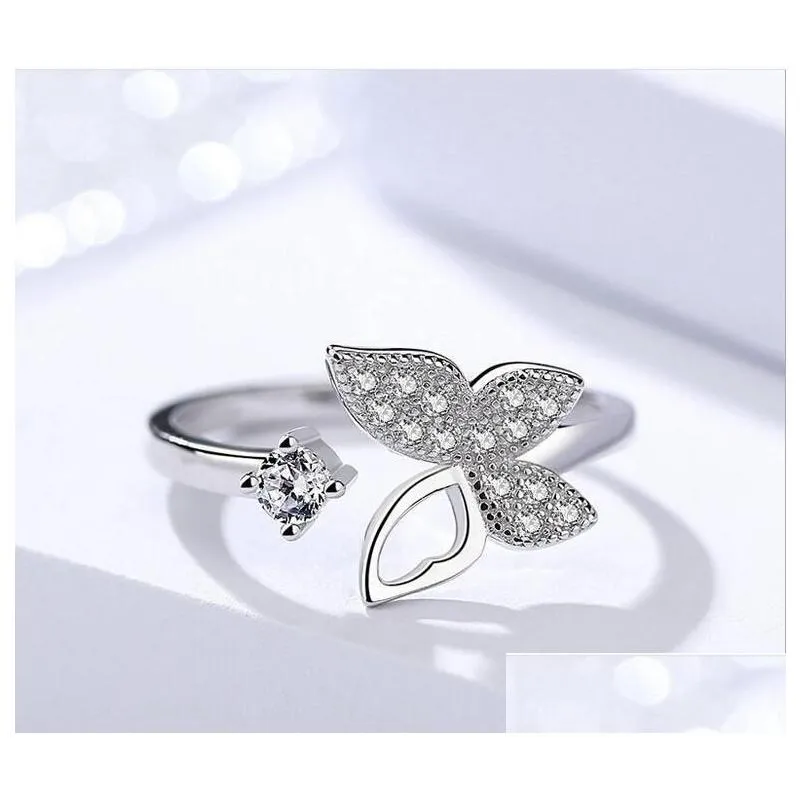With Side Stones New Cubic Zircon Crystal Butterfly Rings For Women Platinum Plated Wedding Jewelry Open Adjustable Finger Ring Drop Dh5No