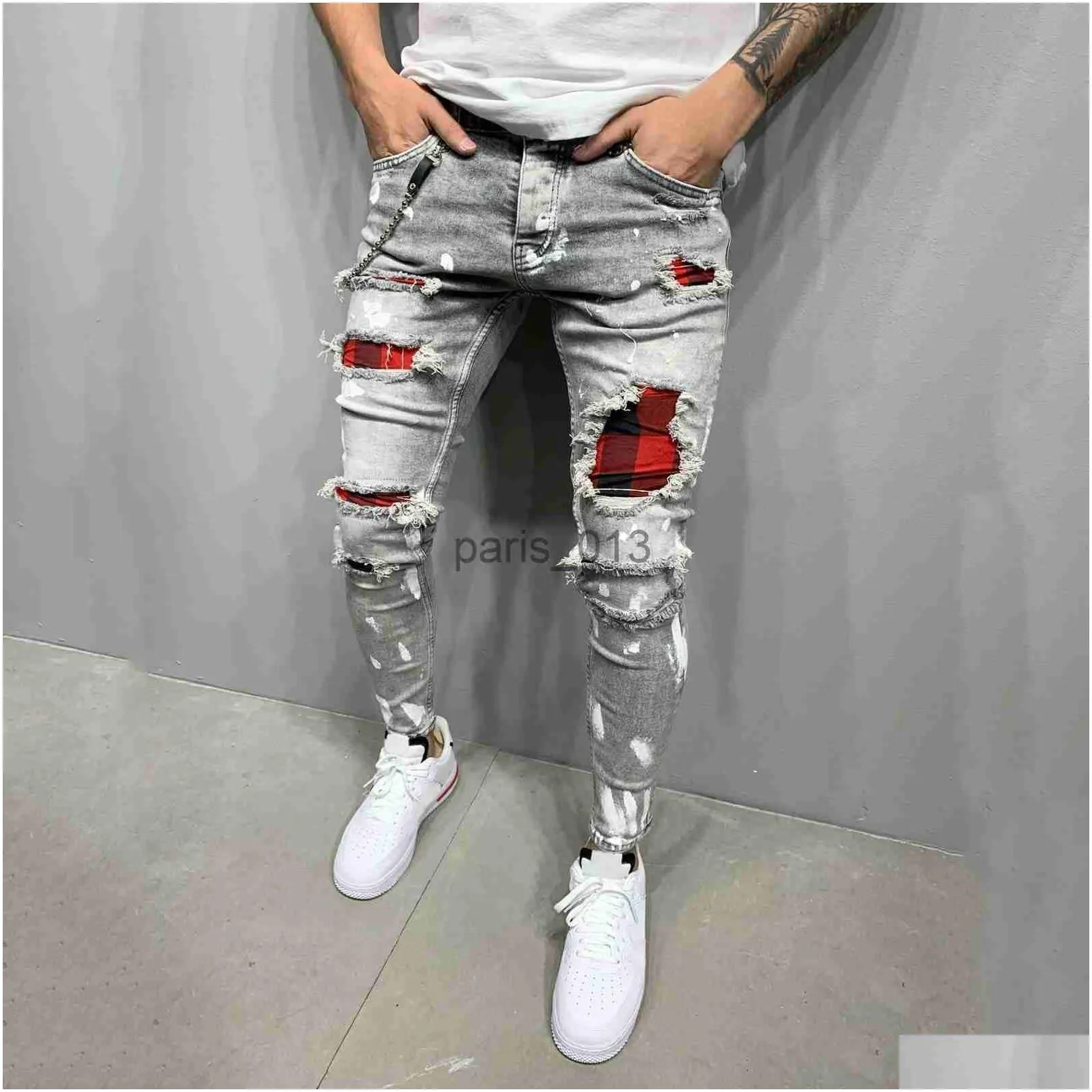 Men`S Jeans Mens New Denim Straight Pocket Stitching Plaid Trousers Died Pants Men Casual Loose Undefined P3 210318 Drop Delivery App Dho1T