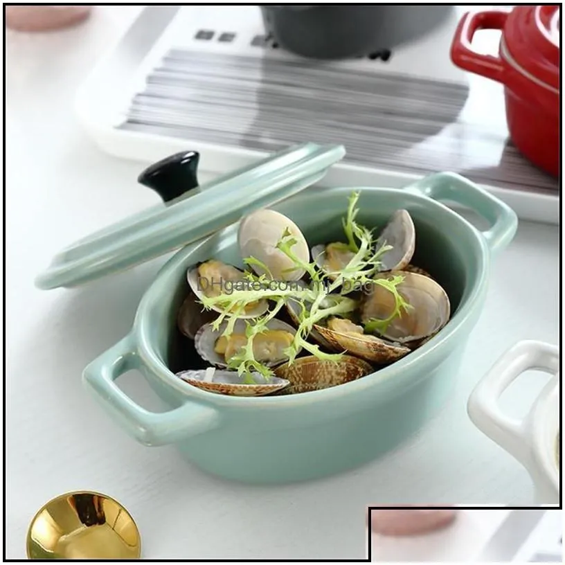 Bowls Nordic Ceramic Matte Binaural Salad Dessert Bowl With Lid Porcelain Birds Nest Oven Waterproof Stewing Pot Tableware Drop Mjbag