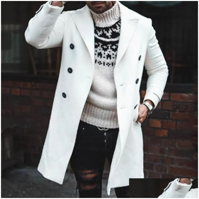 Men`S Wool & Blends Mens European Men Coat Double-Breasted White Pocket Lapel Long Trench Oversize Outwear Fashion Casual Office Jacke Dh4Nc