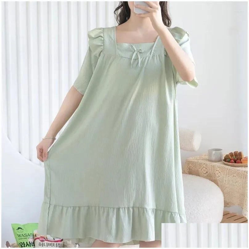 Women`s Sleepwear Sleeping Dress Loose Square Neck Short Sleeve Nightdress For Women Thin Summer Sleep Wear Nightgown Female Night