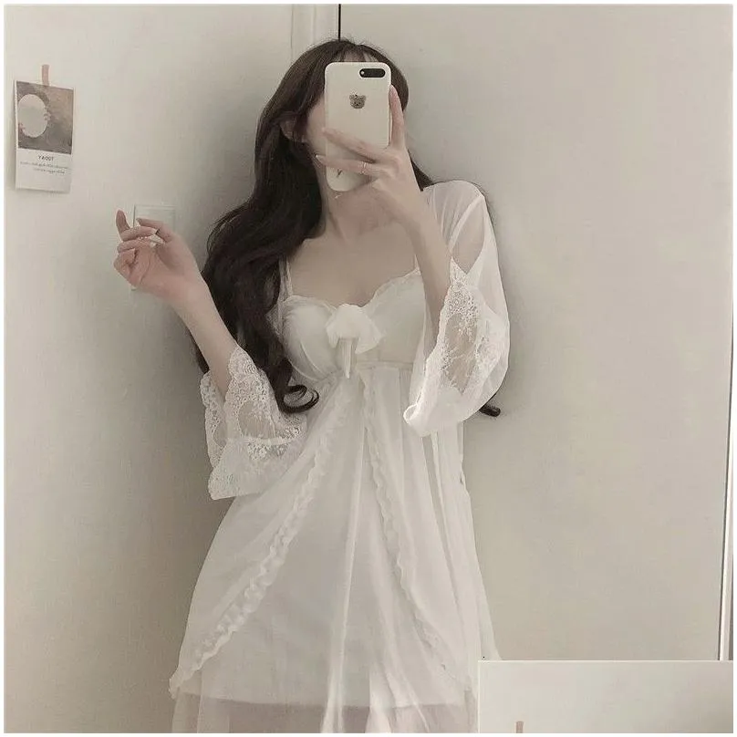 Women`S Sleepwear Womens Women Robe Gown Sets Chic Lace Mesh Elegant Sweet Simple Solid White Girls Y Breathable Slim Empire Nightdre Dhtqy