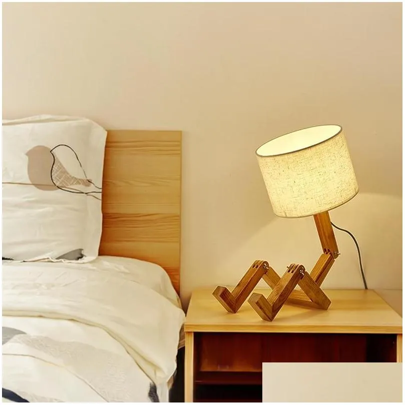 Table Lamps Modern Cloth Art Wood Desk Lamp Robot Shape Wooden Lights E27 Holder 110-240V Parlor Indoor Study Night Light