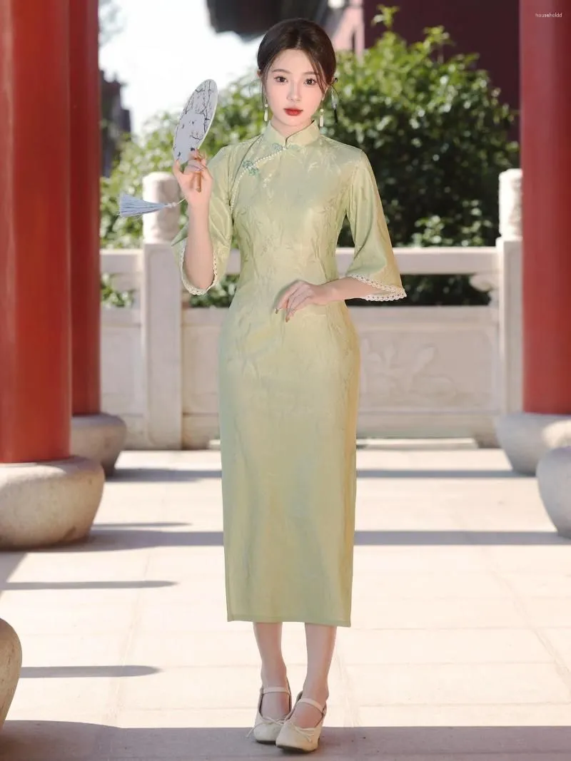 Ethnic Clothing Young Chinese Style Green Composite Mesh Inverted Large Sleeve Cheongsam Spring Elegant Everyday Dress