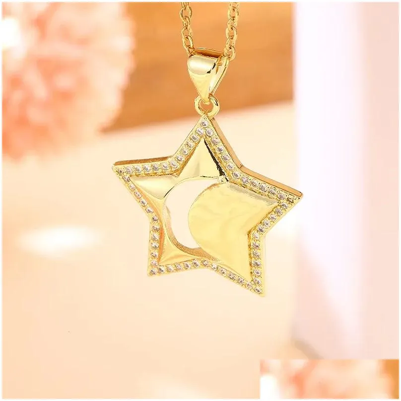 Pendant Necklaces Trendy Stainless Steel Chain Copper Gilded Heart Five-pointed Star Moon Necklace For Women CZ Jewelry Gift