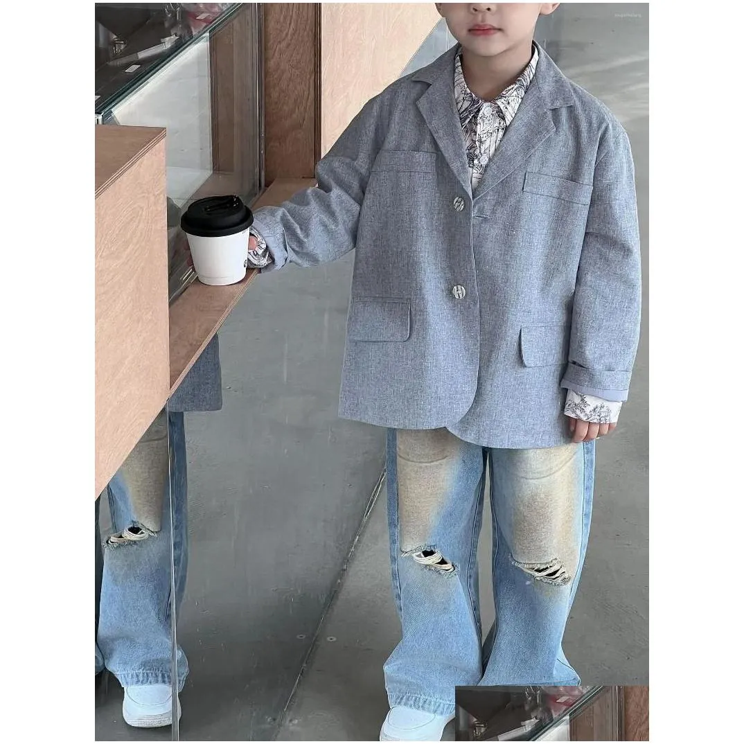 Trousers Children Clothing Kids Personality Pants 2024 Spring South Korean Light Blue Ripped Soft Loose Fashion Jeans