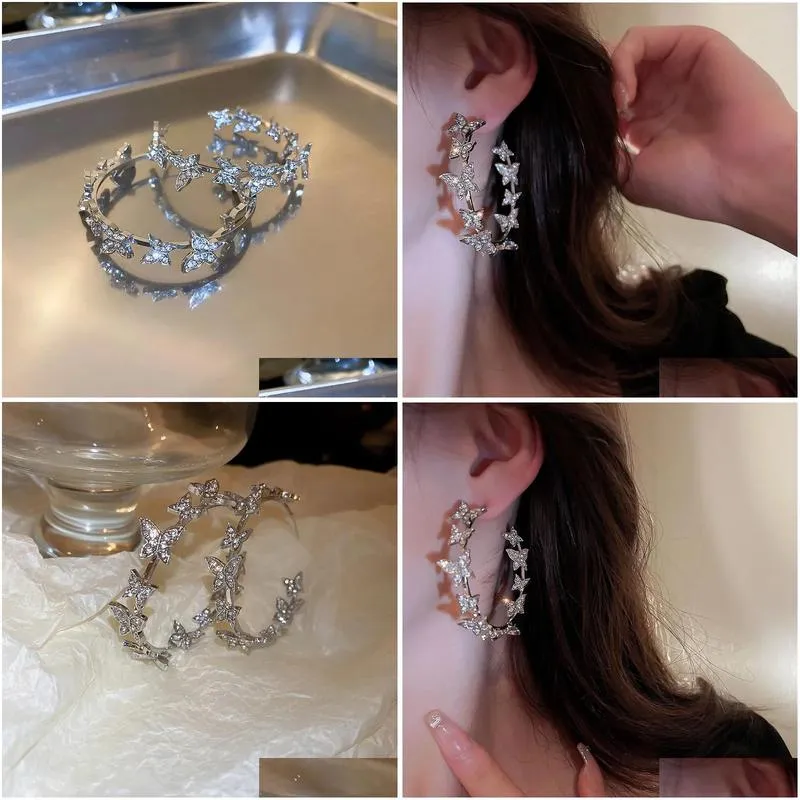 2024 New Korean Style Butterfly Hoop 14K White Gold Earrings Personality Fashion Geometric Rhinestones Earrings Party For Women Jewelry