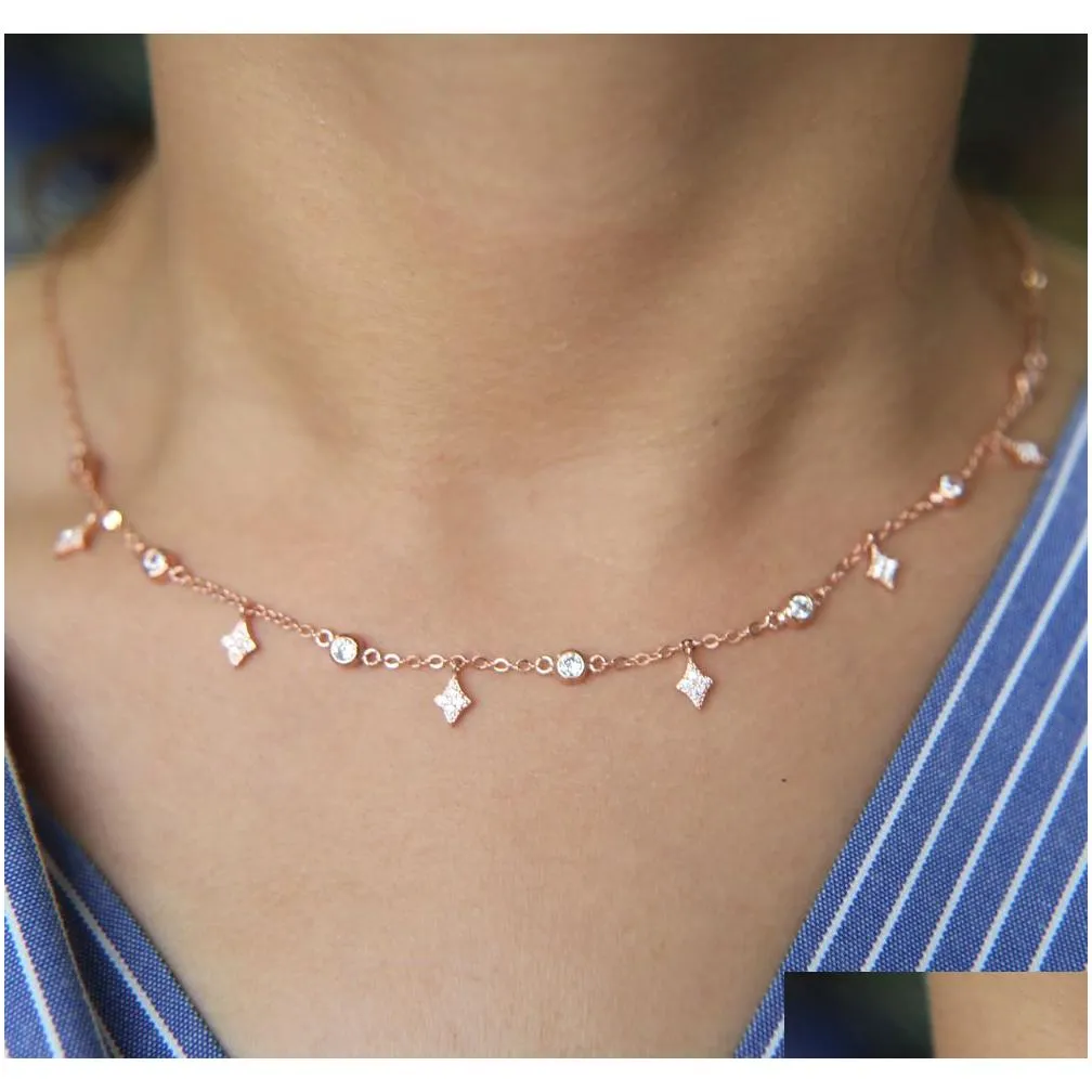 Pendant Necklaces Factory Fashion Women Choker 337Cm Gold Rose Rhodium Diamond Shape Cz Drop Charm Station Necklace Delivery Jewelry P Dhyy5