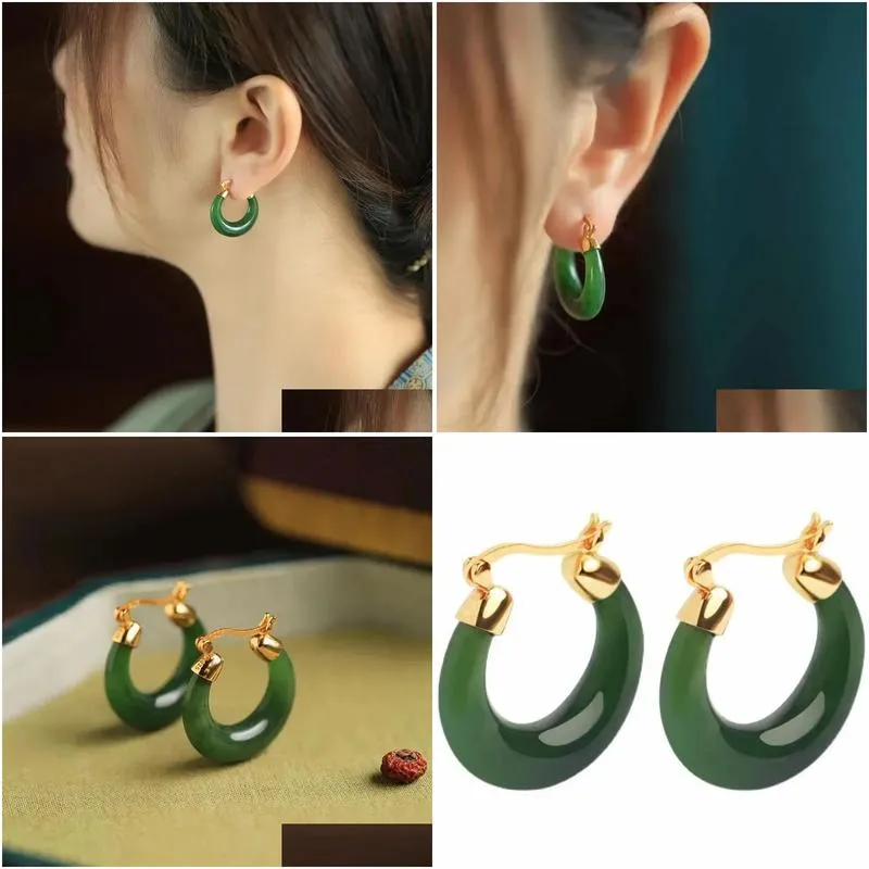 Designer original natural Hetian jasper hoop 14k Yellow Gold earrings for women high-quality  ancient charm dinner party jewelry