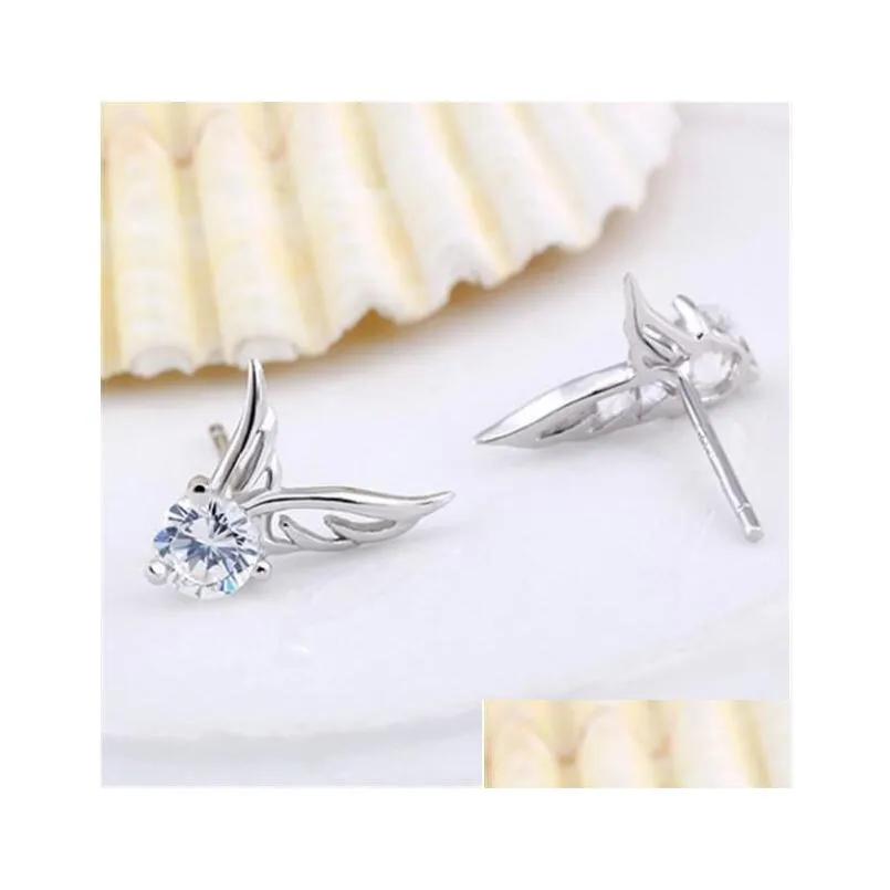 New Wome`s Silver Color Jewelry Angel Wings Crystal Ear Stud Earrings Shiny CZ Zircon Jewelry Brincos femme G533