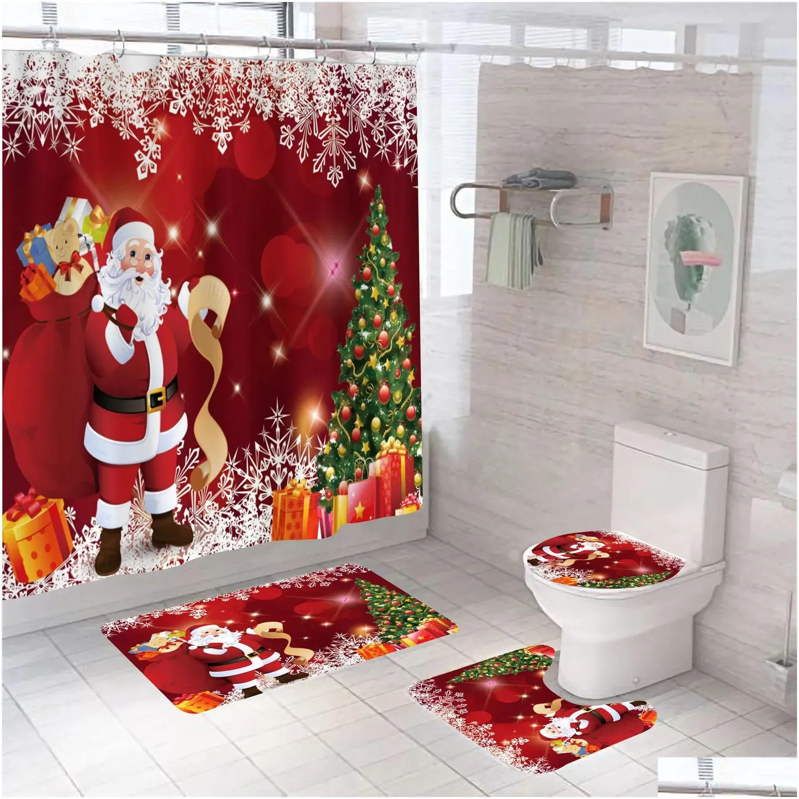 Shower Curtains Red Christmas Decor Santa Elk Waterproof Polyester Bath Home Year Bedroom Cartoon 221130 Drop Delivery Dh7Oh