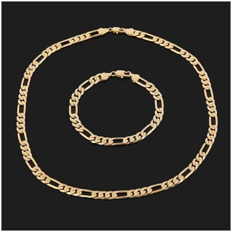 Pendant Necklaces 24K Yellow Gold Filled Mens Nickel Set Of Figaro Chain Necklace Bracelet Drop Delivery Jewelry Pendants Dhmxd