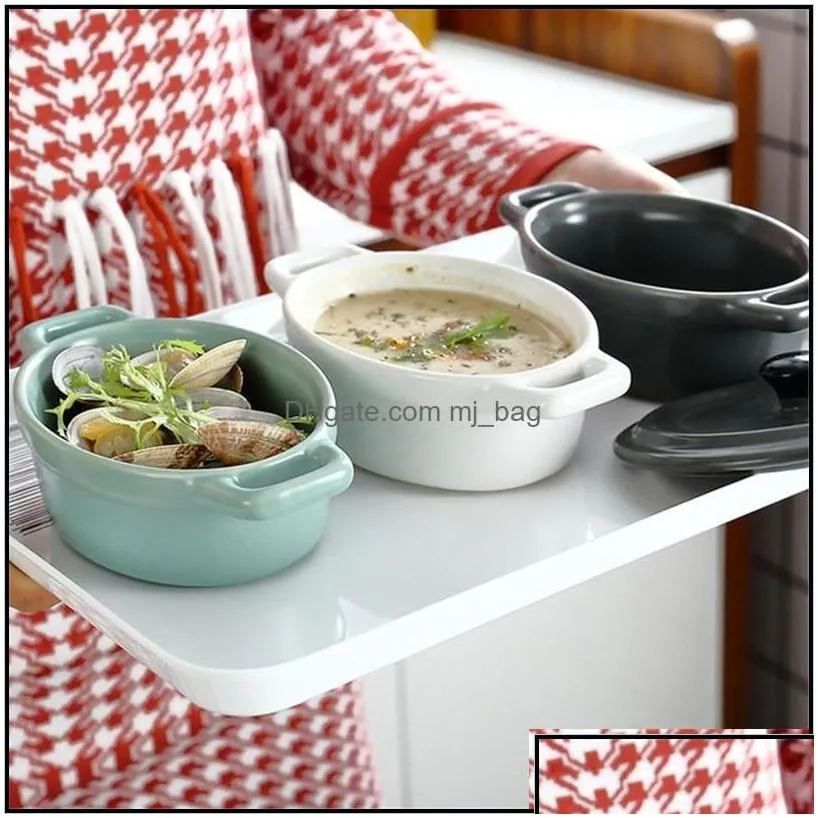 Bowls Nordic Ceramic Matte Binaural Salad Dessert Bowl With Lid Porcelain Birds Nest Oven Waterproof Stewing Pot Tableware Drop Mjbag