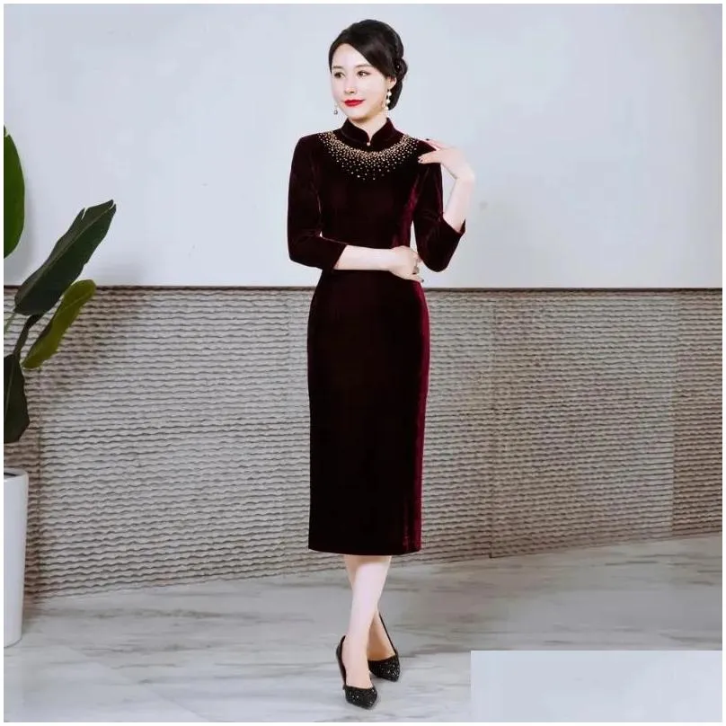 Ethnic Clothing Oversize 4XL Female Long Qipao Traditional Chinese Classic Mandarin Collar Velour Cheongsam Dress Exquisite Rhinestone