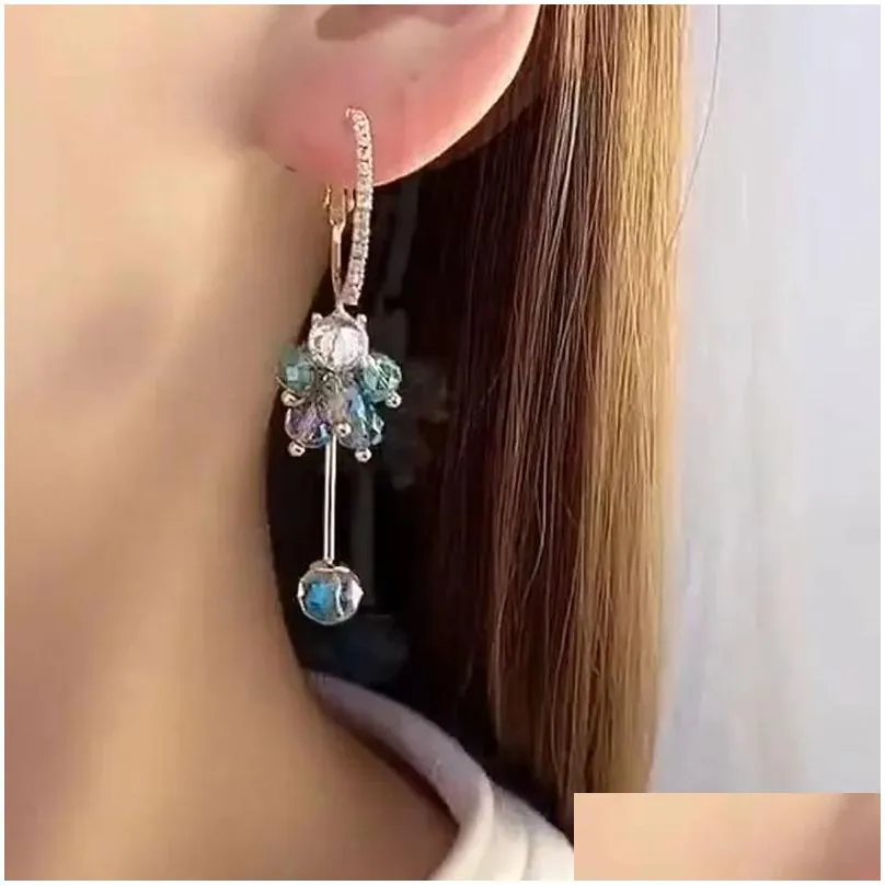 Korean Fashion Blue Crystal Flower Drop 14k Yellow Gold Earrings for Women Zircon Dangle Earring Trendy Statement Party Earring Jewelry