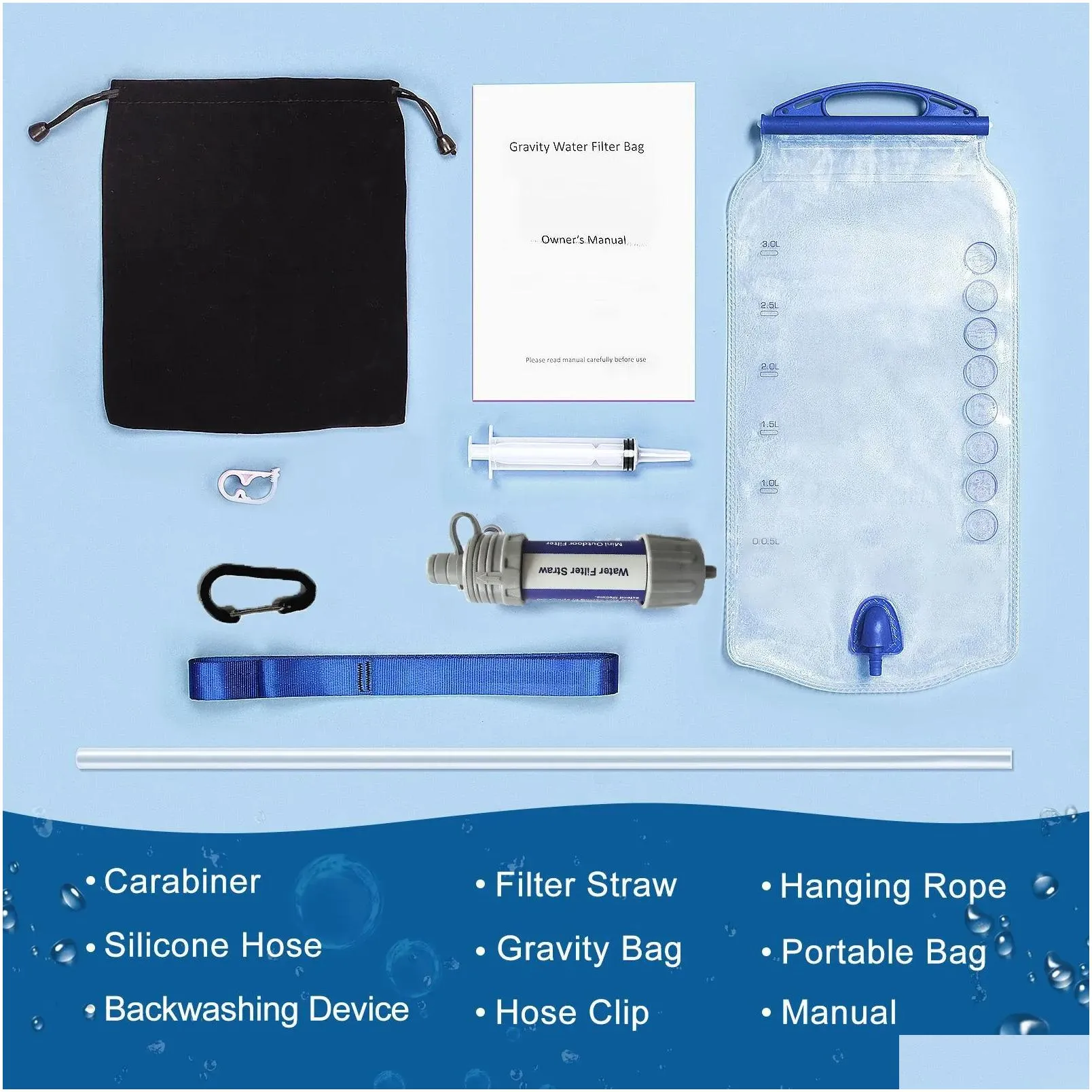 Survival Gravity Water Filter System for Outdoor Camping Hiking Emergency Kit Ultralight Water Filter with Water Reservoir Supplies